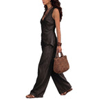 Wide-Leg Pants Set – Sleeveless V-Neck Waist-Defining Top