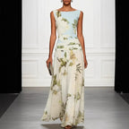 V-neck floral print women's dress sleeveless backless waist cinching long skirt