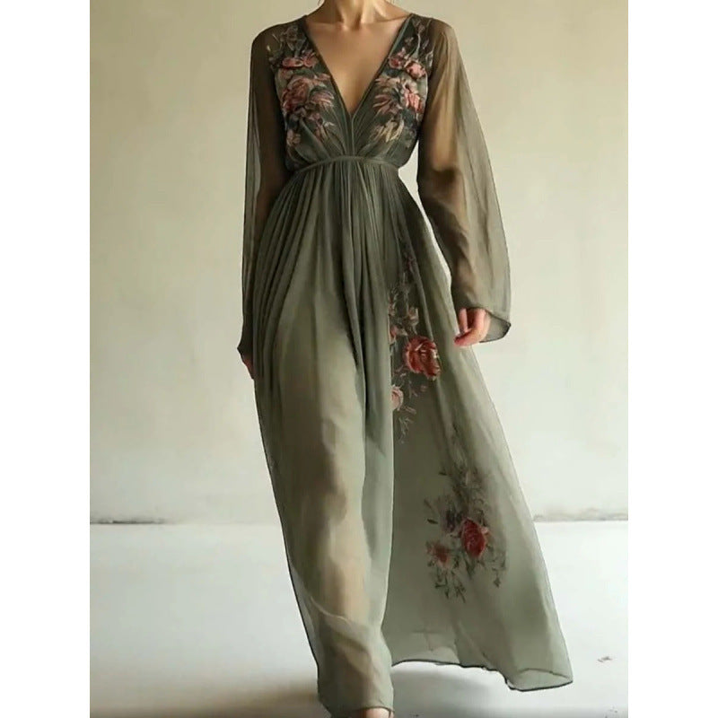 Printed long sleeved long collar dress long skirt