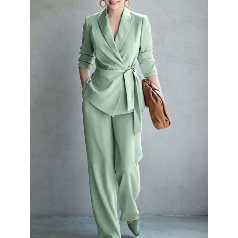 Belted Pants Set – Long-Sleeve Top & Straight-Leg Pants