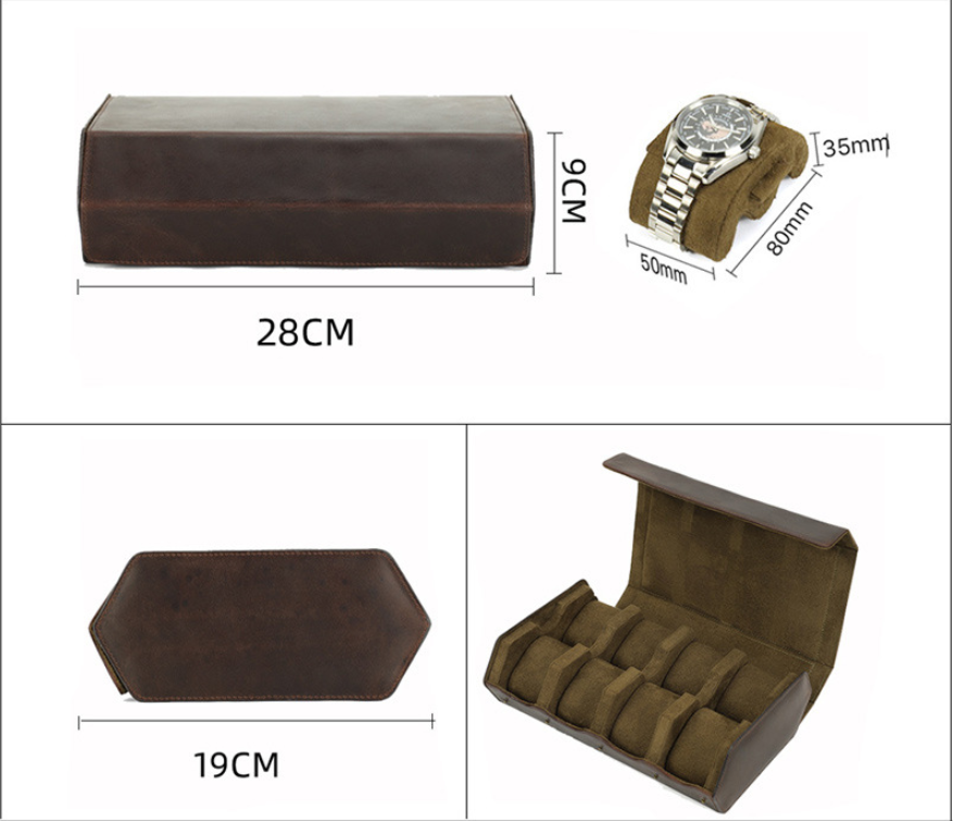 Handmade Vintage Crazy Horse Leather 8-Position Portable Mechanical Watch Storage Box