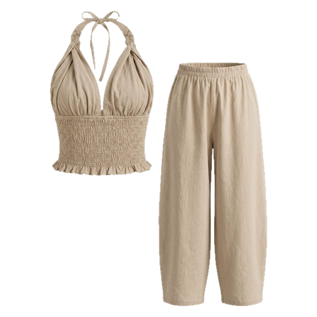Linen Two-Piece Set – Halter Crop Top & Balloon-Leg Pants