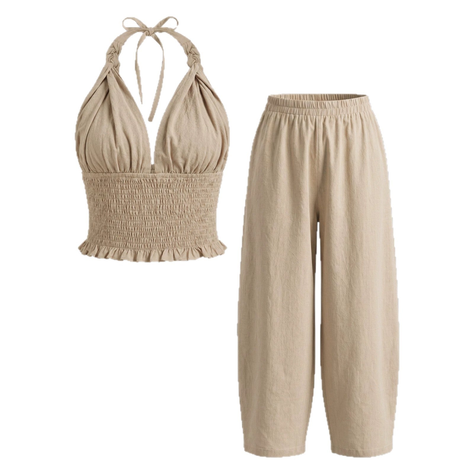 Linen Two-Piece Set – Halter Crop Top & Balloon-Leg Pants