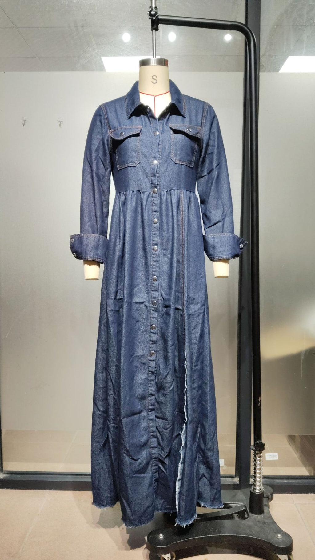 Style Retro Elegant Fitted Long Sleeve Denim Dress - blue