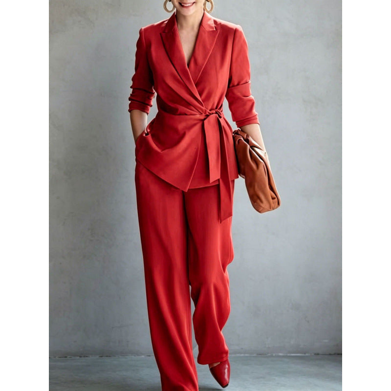 Belted Pants Set – Long-Sleeve Top & Straight-Leg Pants