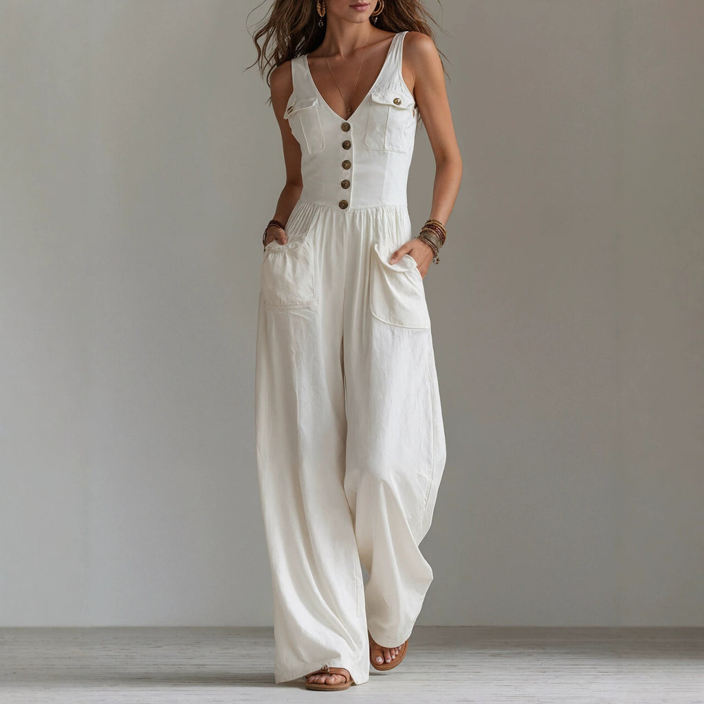 V-Neck Pocket Jumpsuit – High-Waist Long-Leg Style