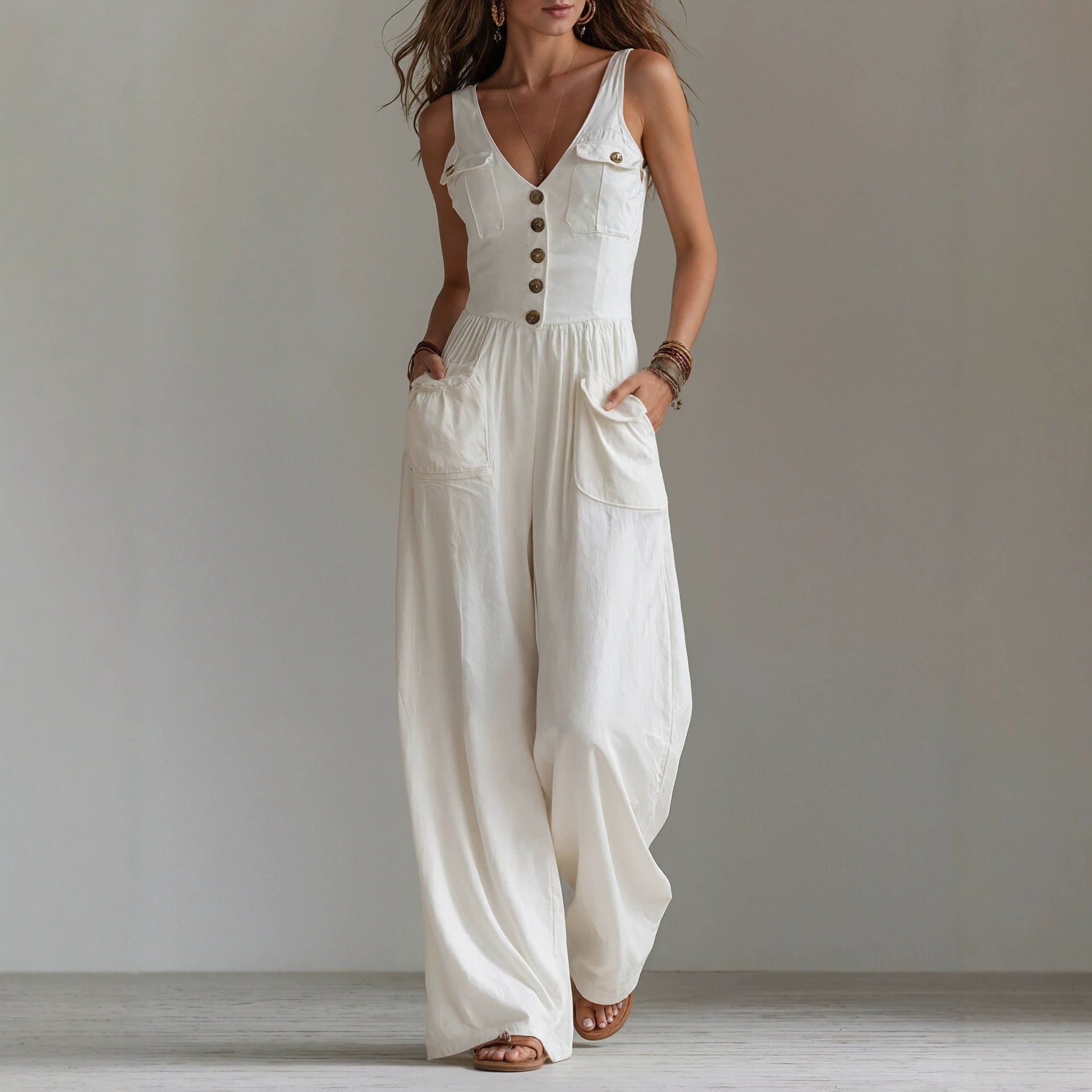 V-Neck Pocket Jumpsuit – High-Waist Long-Leg Style