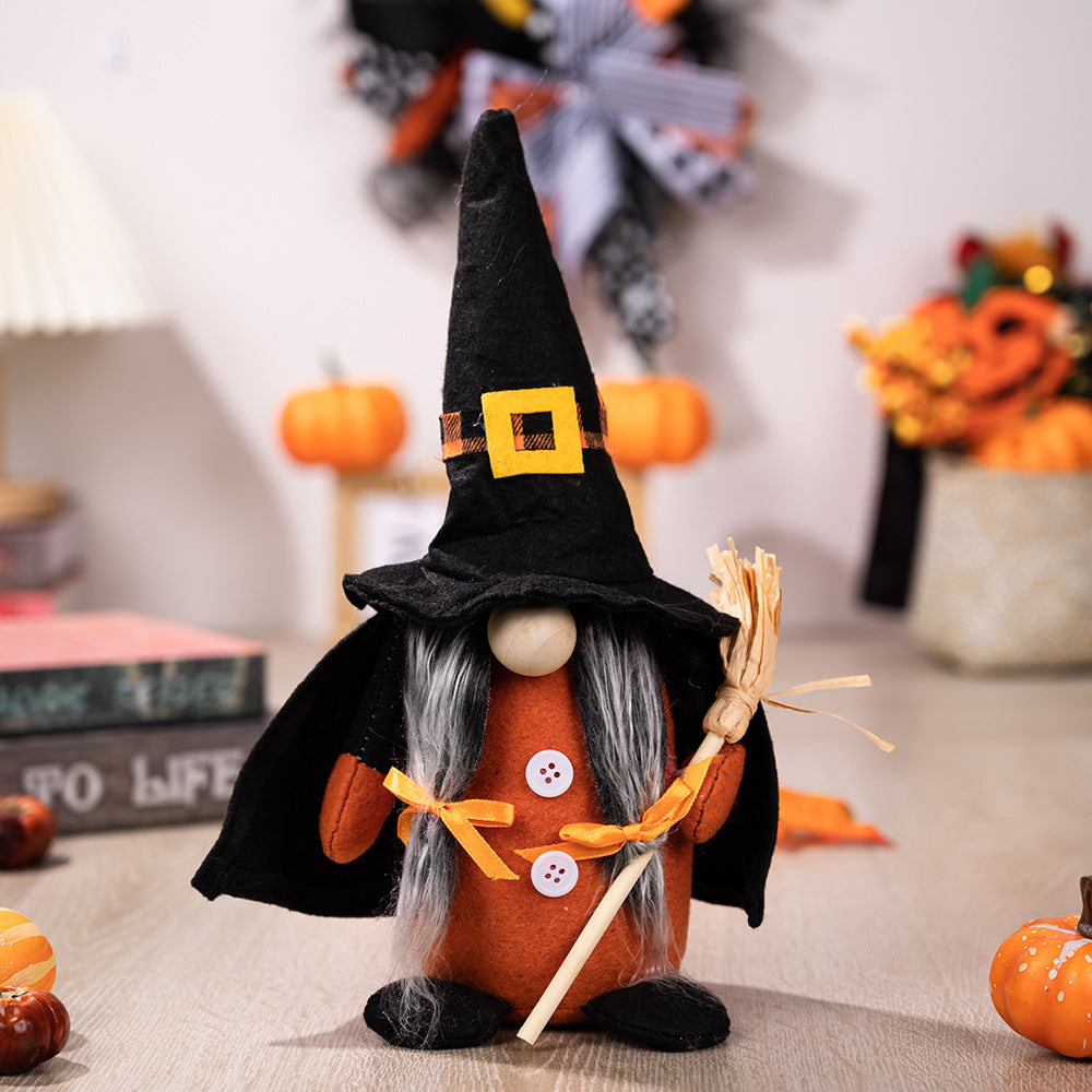Halloween decoration with pumpkin broom, pointed hat, witch's home, Halloween faceless doll, dwarf ornament