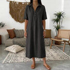 Casual Straight Fit Comfortable Linen Short Sleeve Polo Neck Dress for Women