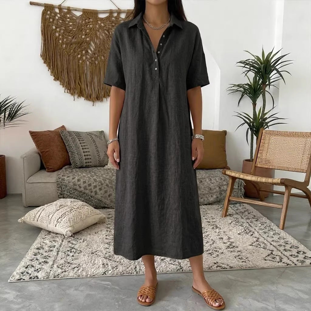 Casual Straight Fit Comfortable Linen Short Sleeve Polo Neck Dress for Women