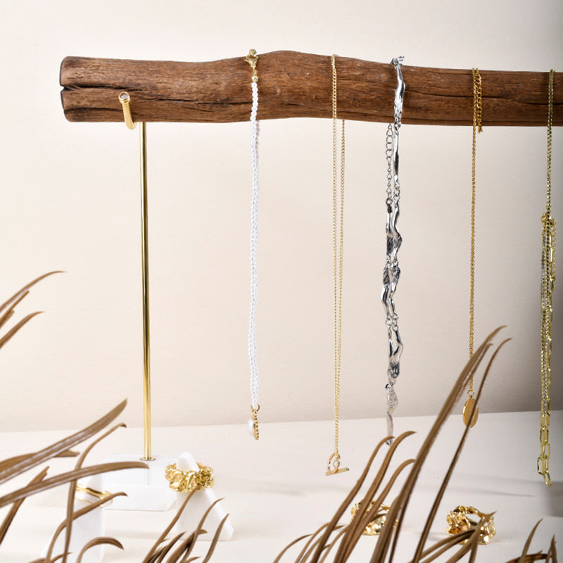 Bracelet Storage Rack Natural Wood And Brass Marble Base Necklace Display Rack