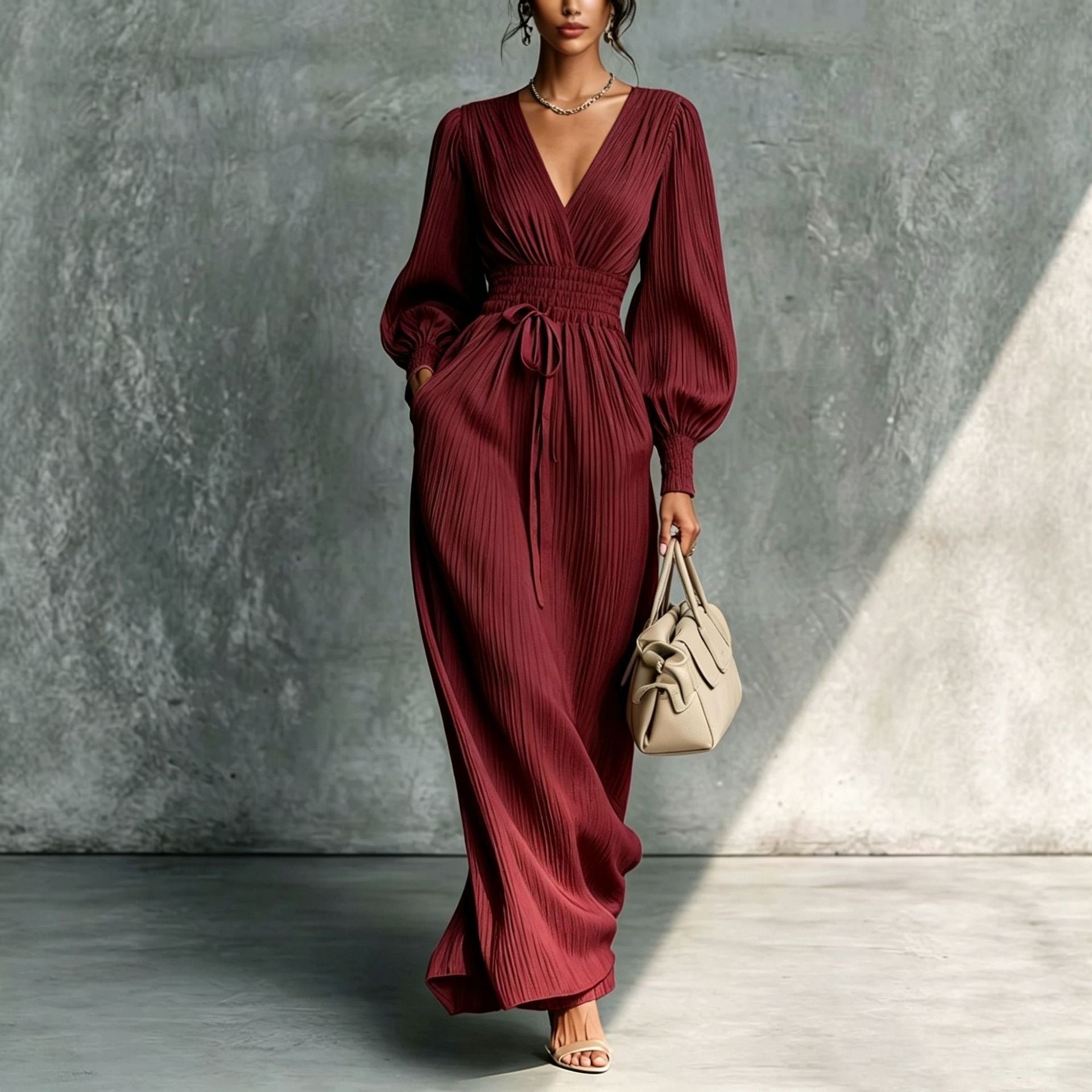 V-Neck Long-Sleeve Dress – Elastic-Waist Fit