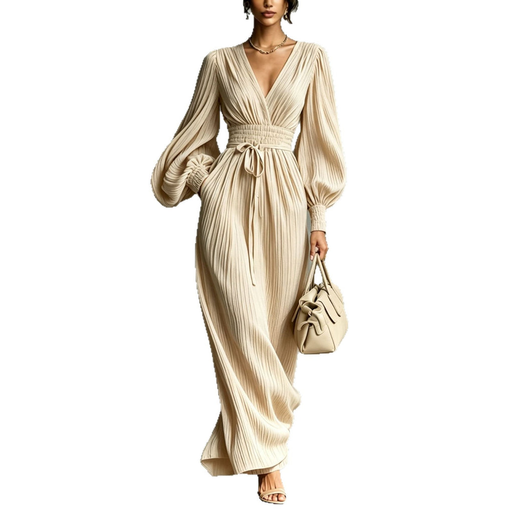 V-Neck Long-Sleeve Dress – Elastic-Waist Fit