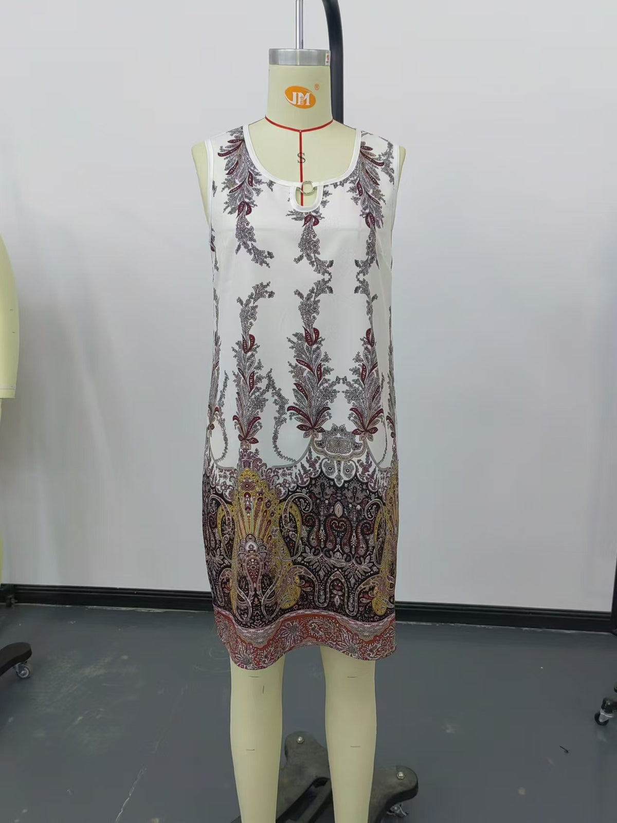 Elegant U-Neck Floral Print Dress - ivory white