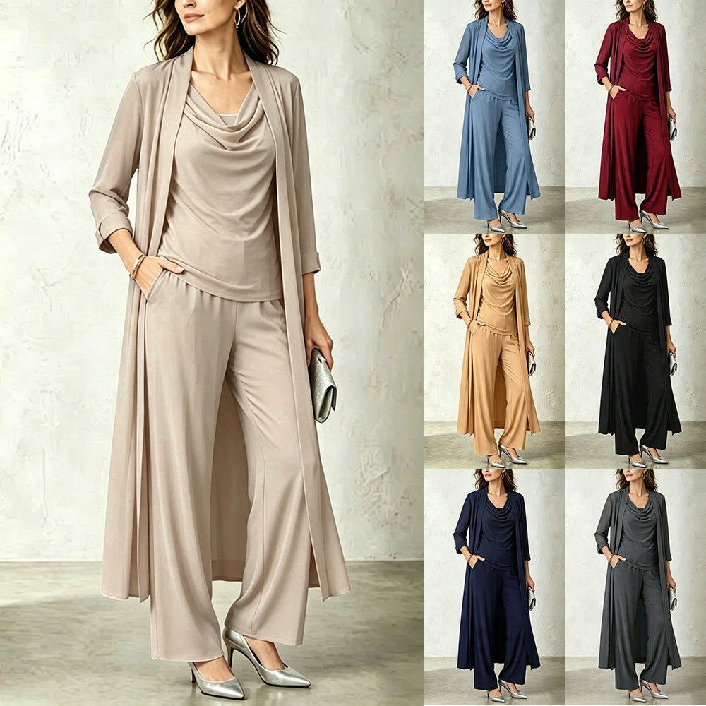 Three-Piece Pants Set – Long Cardigan & Layered Top