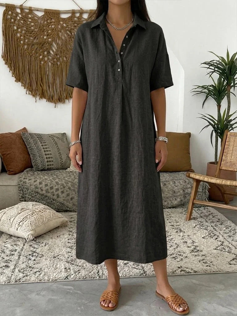 Casual Linen Polo Neck Dress - black