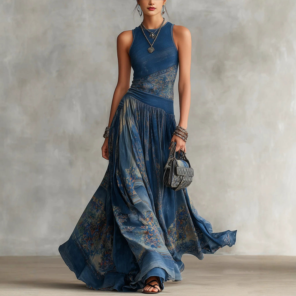 Printed sleeveless vest dress with elegant large swing round neck skirt