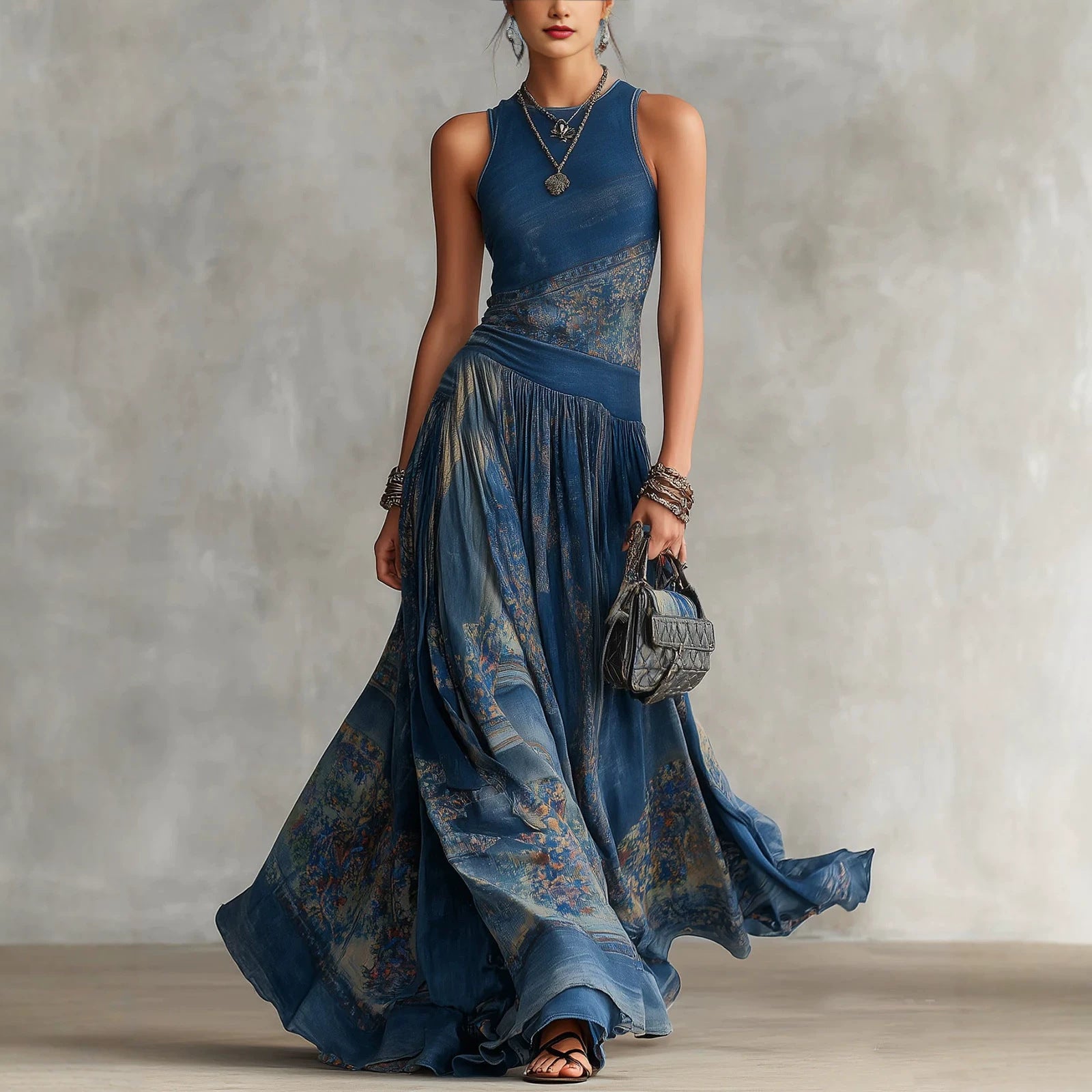 Printed sleeveless vest dress with elegant large swing round neck skirt
