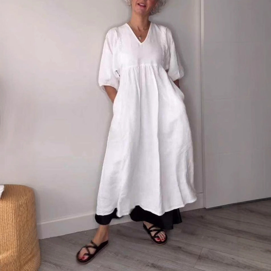 Deep V-neck pleated solid color pocket dress