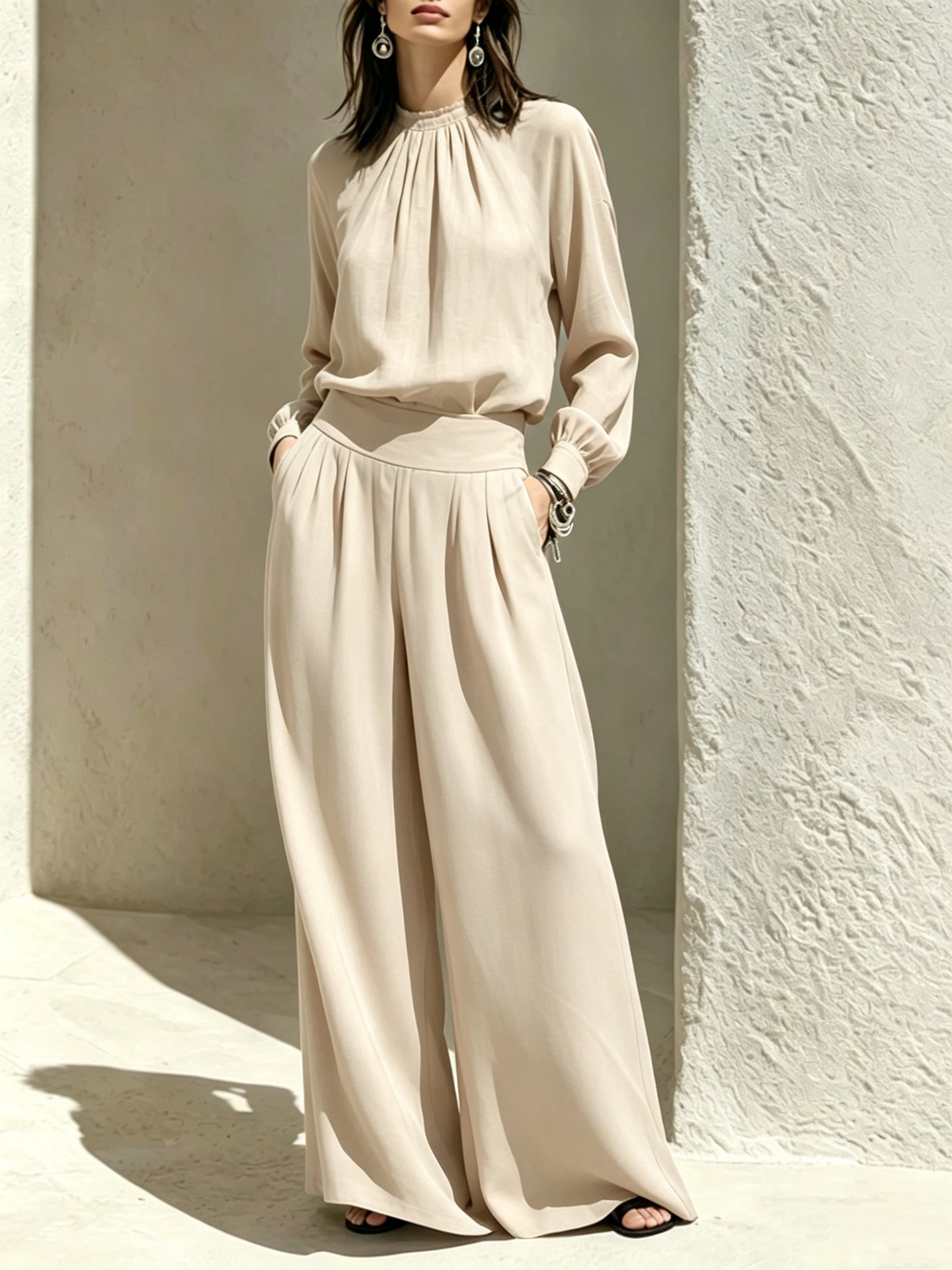 Wide-Leg Pants Set – Stand-Collar Blouse & Long Pants