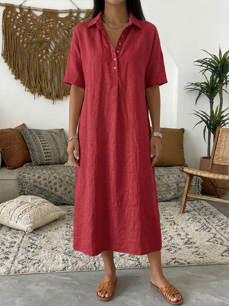 Casual Linen Polo Neck Dress - red