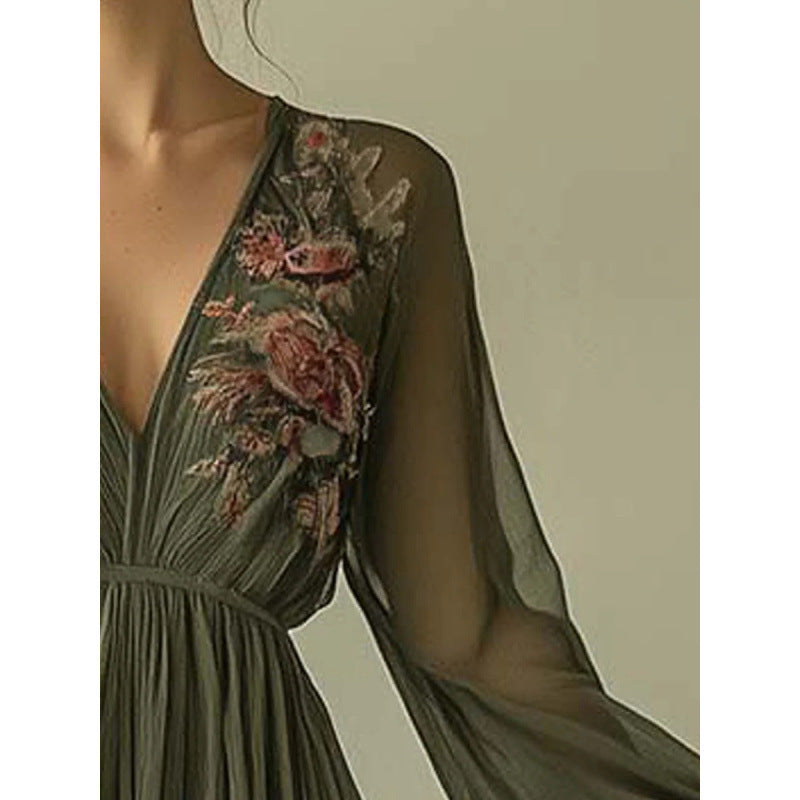 Printed long sleeved long collar dress long skirt