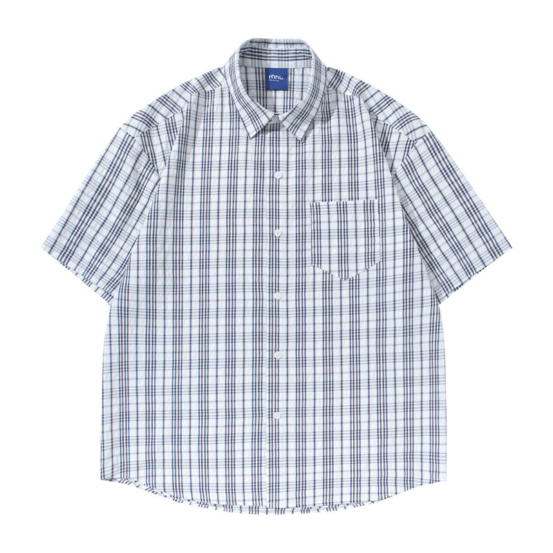 Casual Loose Checkered Short Sleeve Shirt for Men - blue