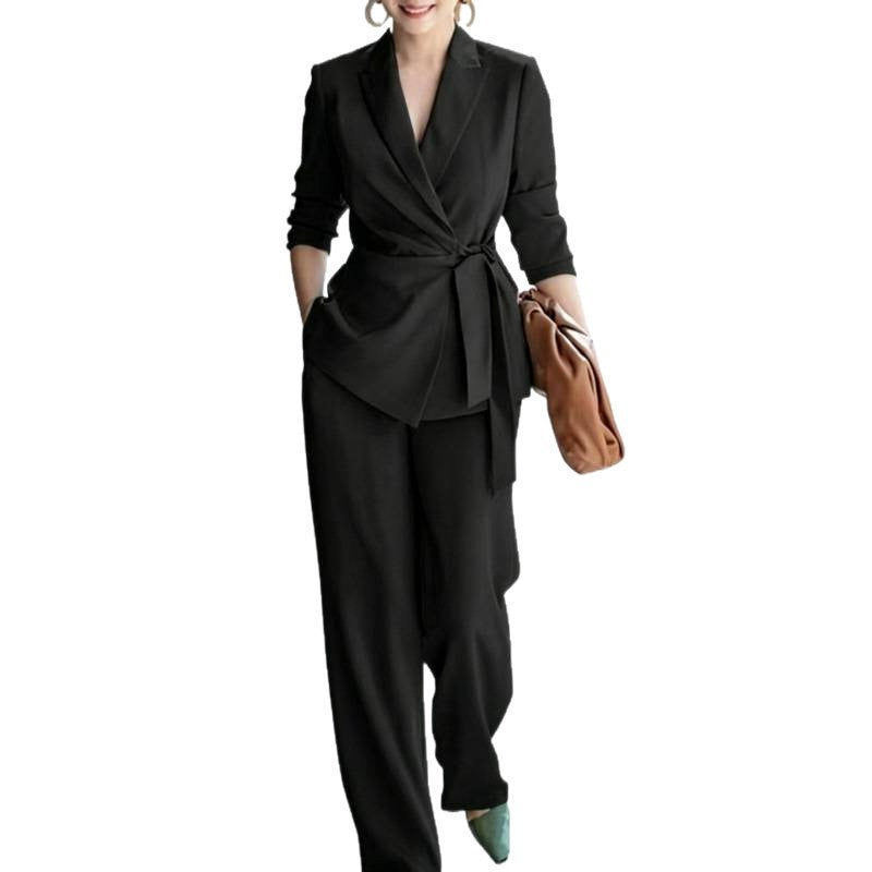 Belted Pants Set – Long-Sleeve Top & Straight-Leg Pants