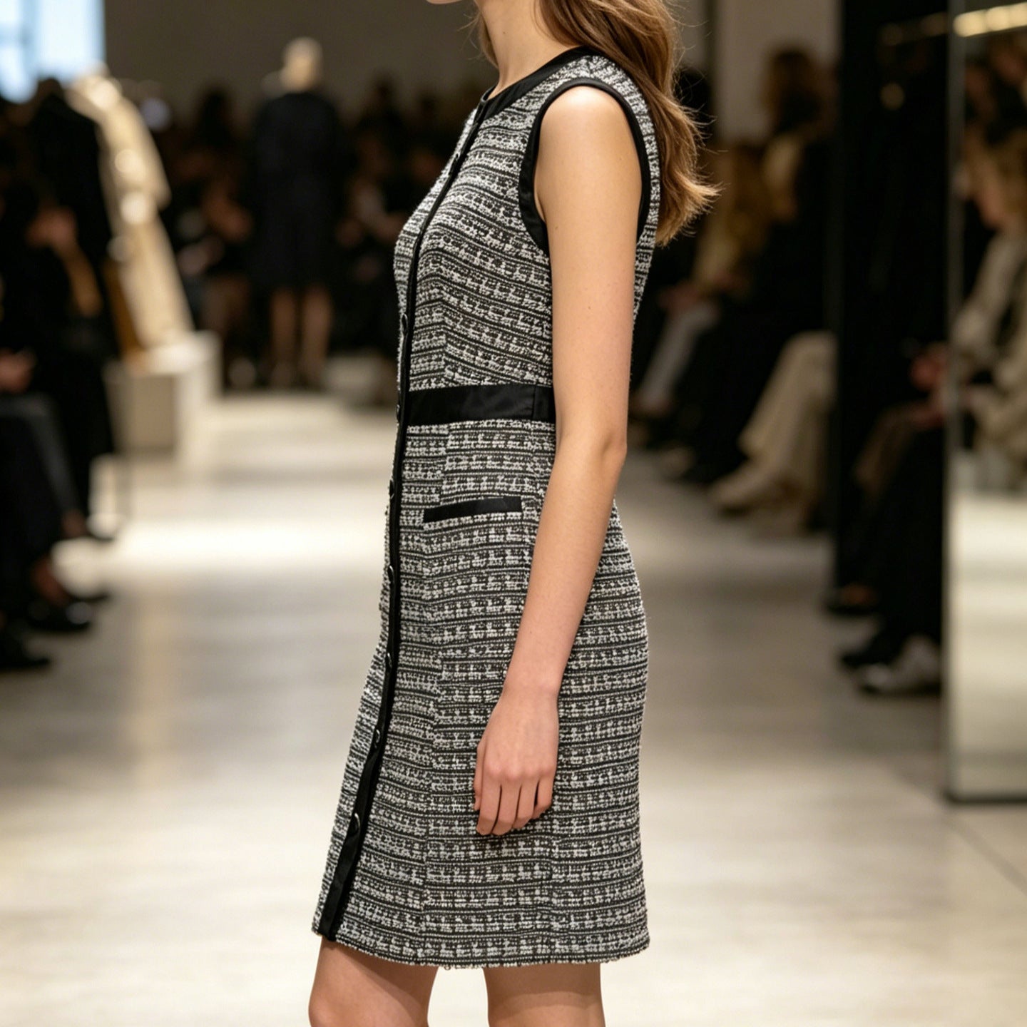 Vintage leather trimmed tweed vest A-line skirt dress