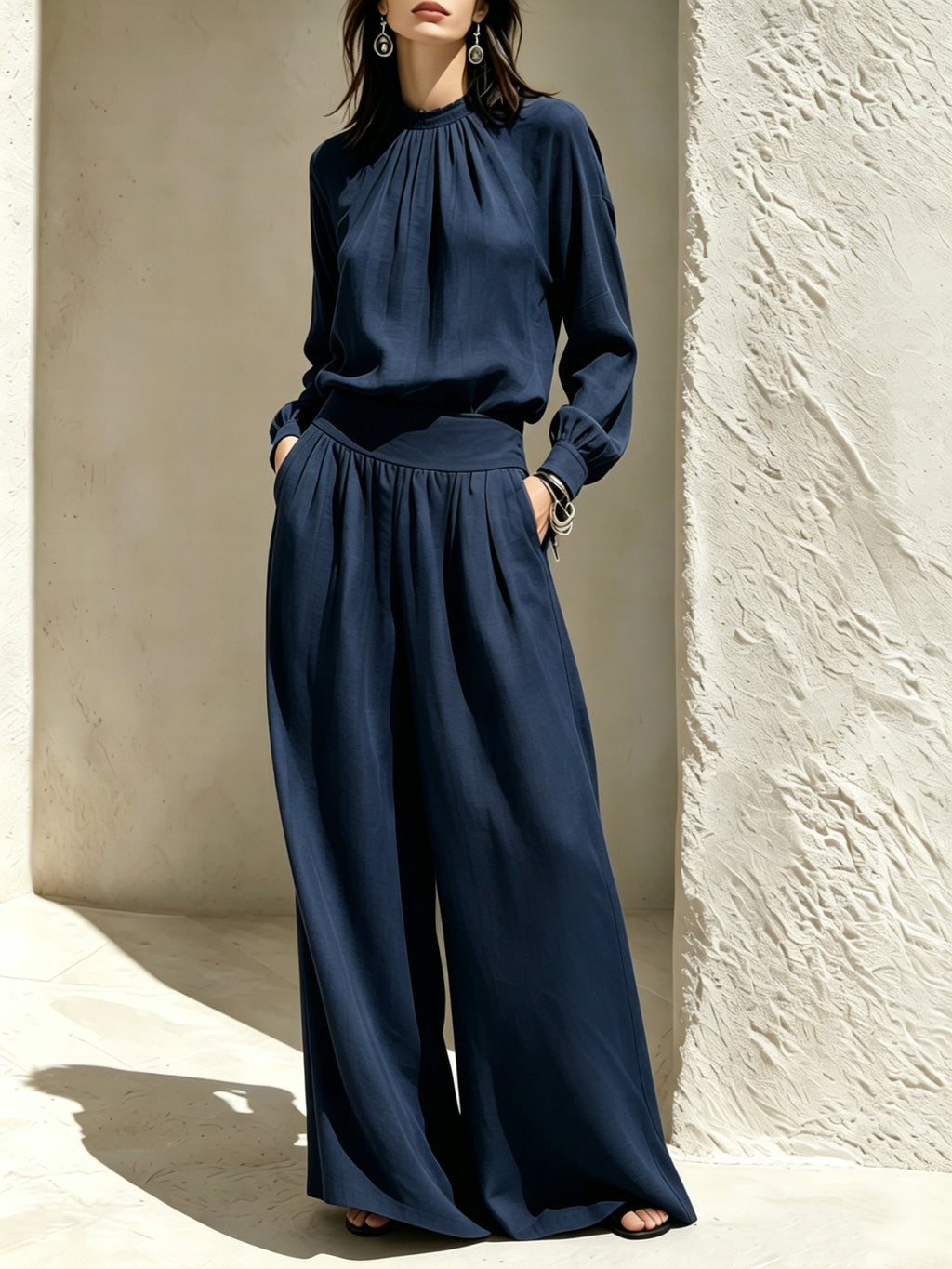 Wide-Leg Pants Set – Stand-Collar Blouse & Long Pants