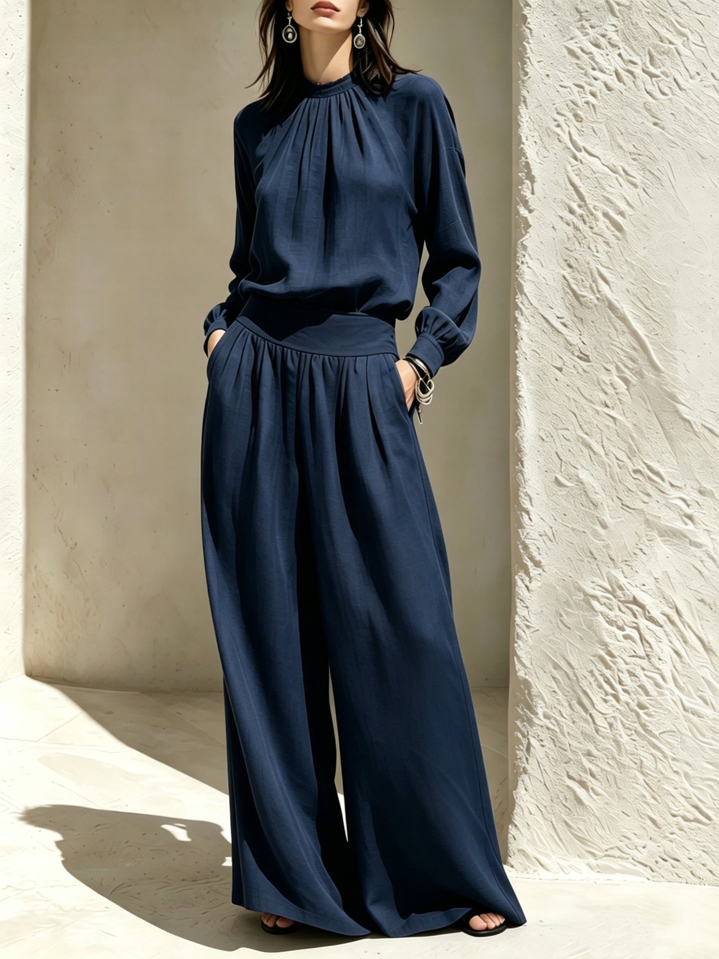 Wide-Leg Pants Set – Stand-Collar Blouse & Long Pants