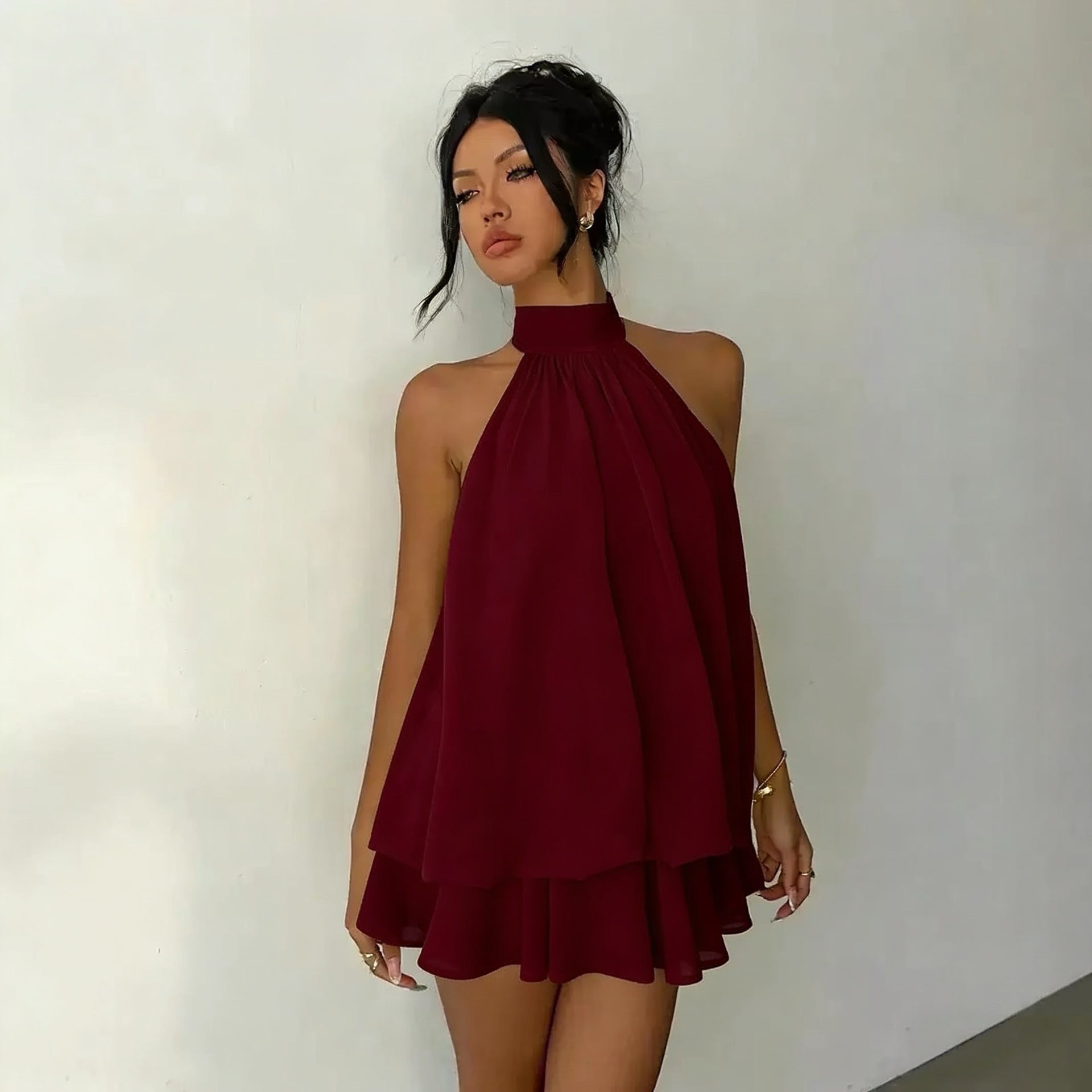 Women's vacation fitted sexy backless halter neck tie-waist dress with puffy short skirt
