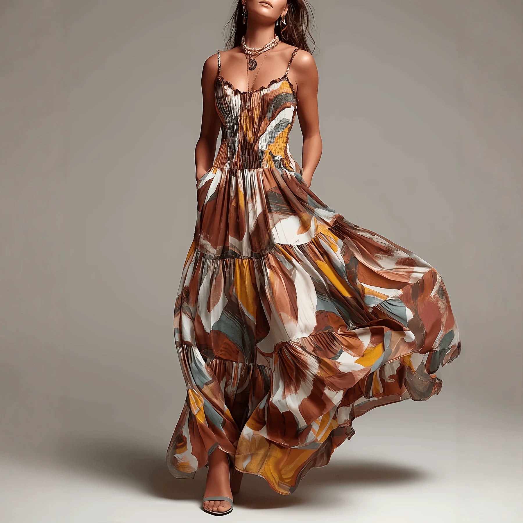Thin shoulder strap pleated waist pocket dress