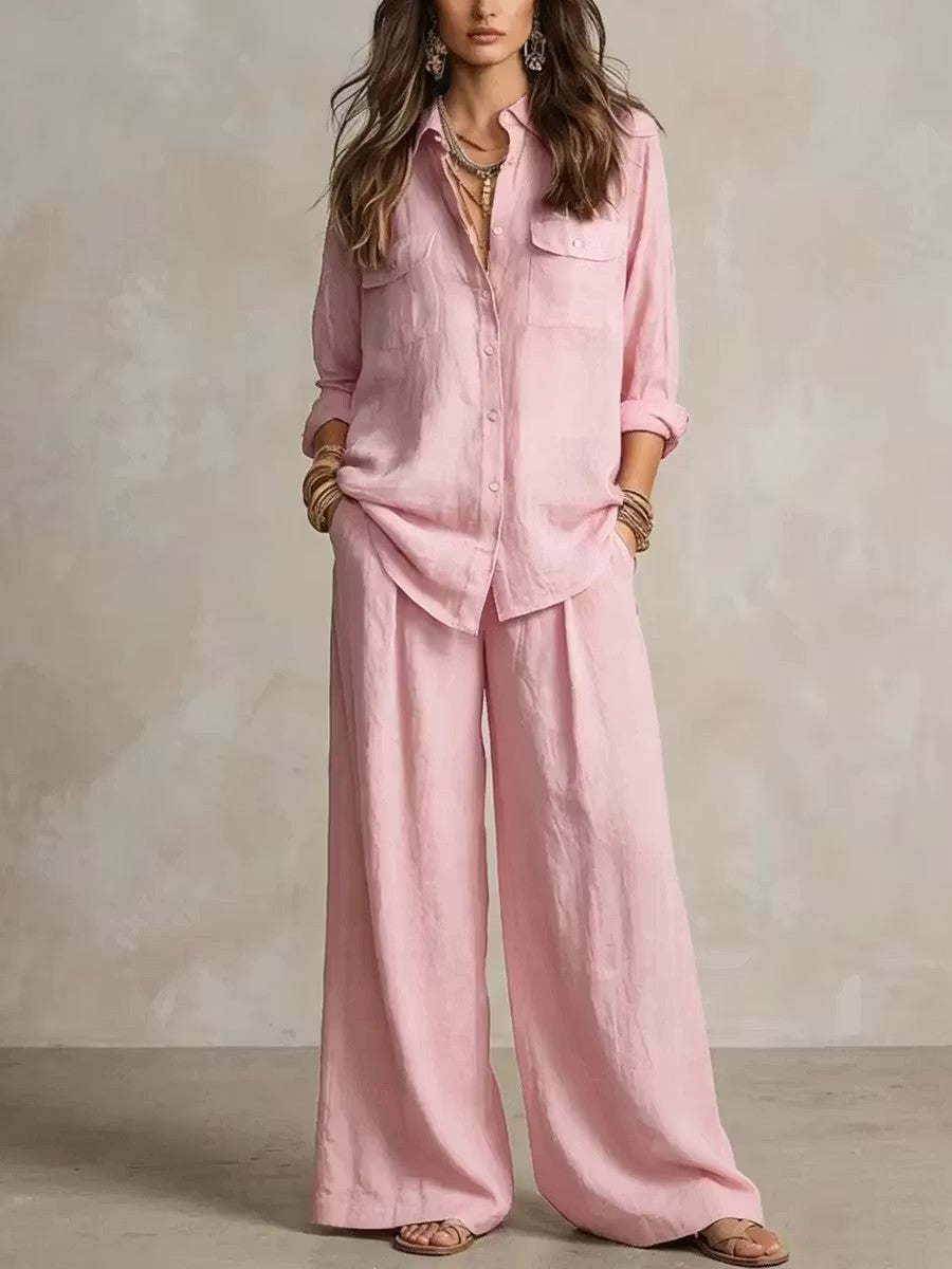 Linen Wide-Leg Pants Set – Button-Front Shirt