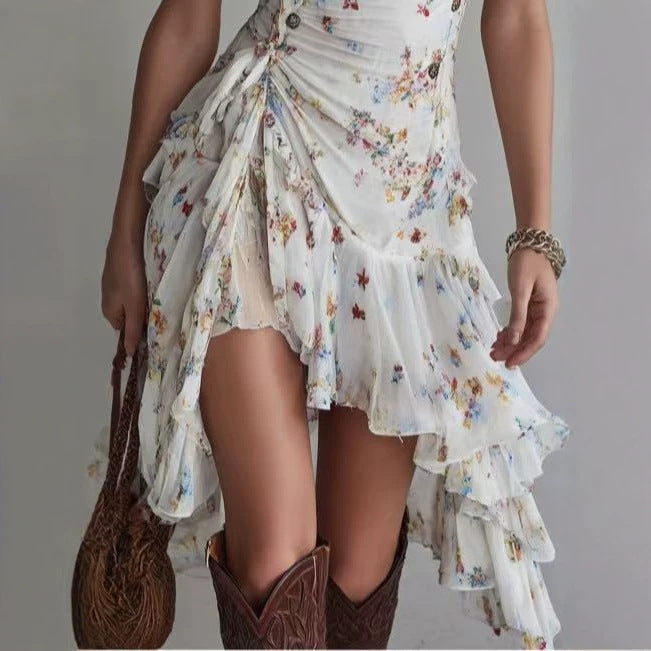 Elegant Women's Chiffon Floral Print Strap V-Neck Ruffled Dress