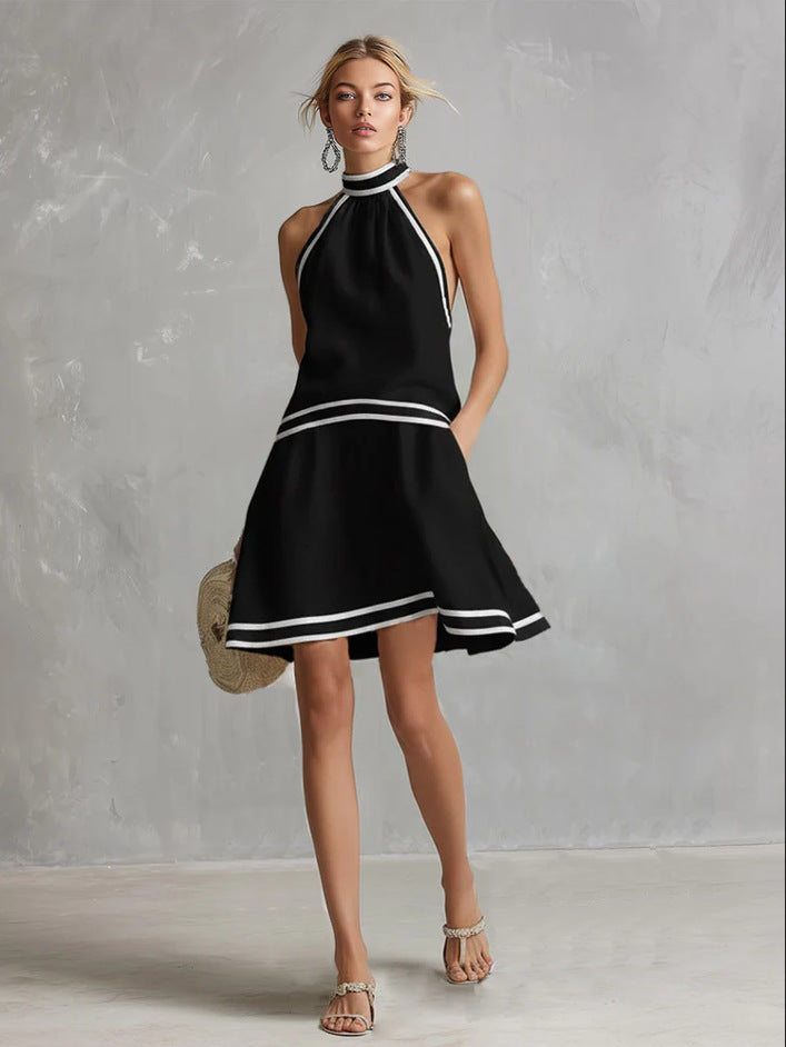 Choker Neck Fashion Short Dress with Striped Trim, Comfortable Sleeveless Fitted Dress