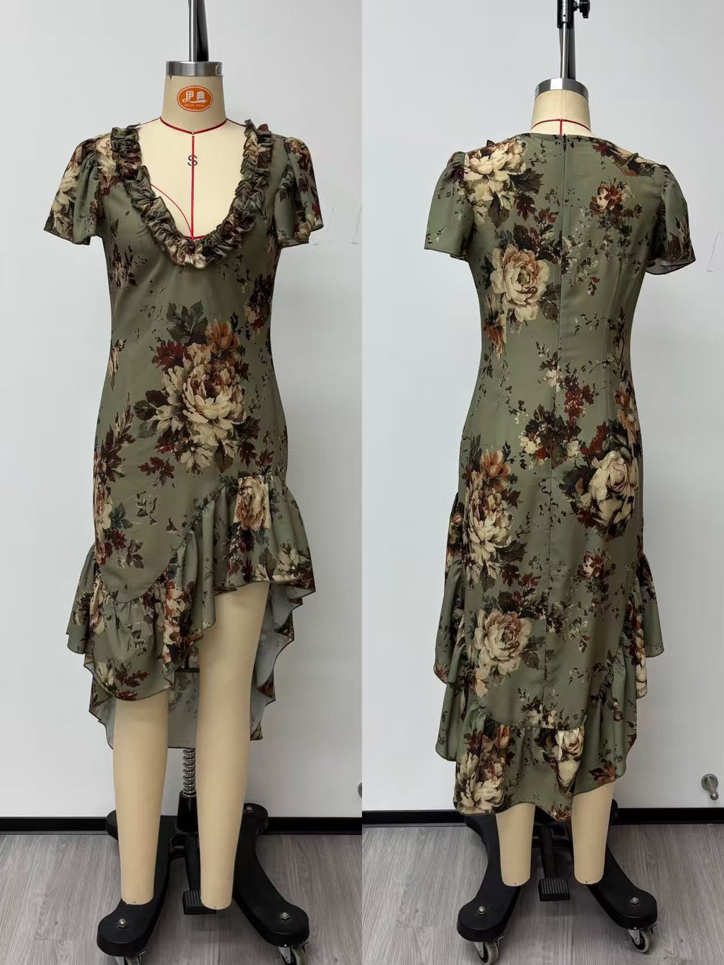 Vintage Oil Painting Print Irregular Hem Ruffle Sleeveless Fitted Western Style Long Dress - green