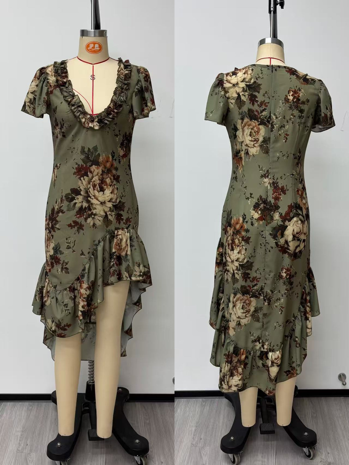 Vintage Oil Painting Print Irregular Hem Ruffle Sleeveless Fitted Western Style Long Dress - green