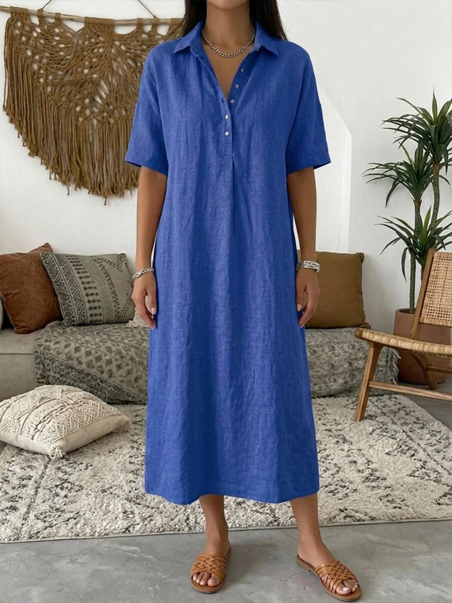 Casual Linen Polo Neck Dress - blue