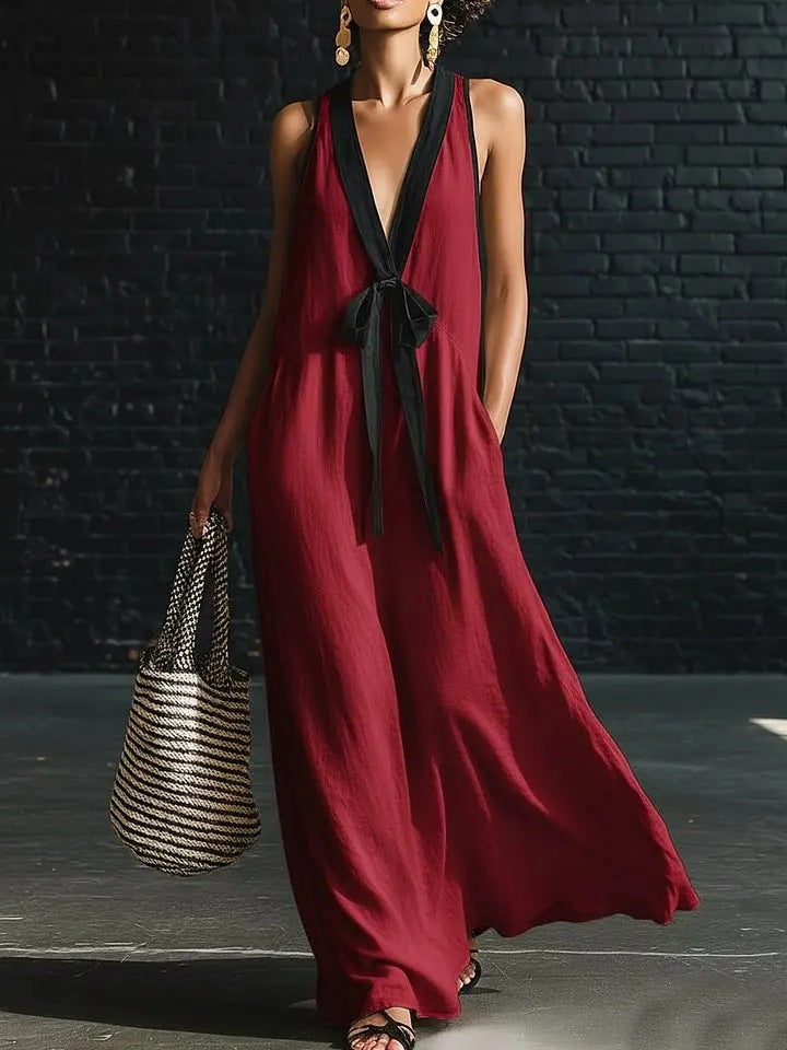 V-neck Strapless Sleeveless Resort-Style Long Simple Elegant Dress