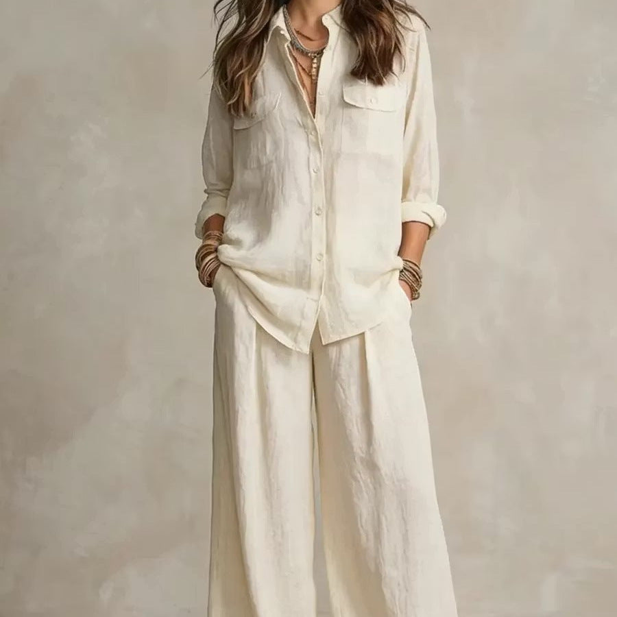 Linen Wide-Leg Pants Set – Button-Front Shirt