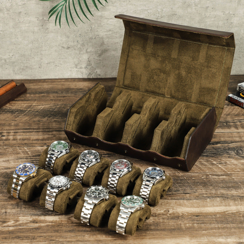 Handmade Vintage Crazy Horse Leather 8-Position Portable Mechanical Watch Storage Box