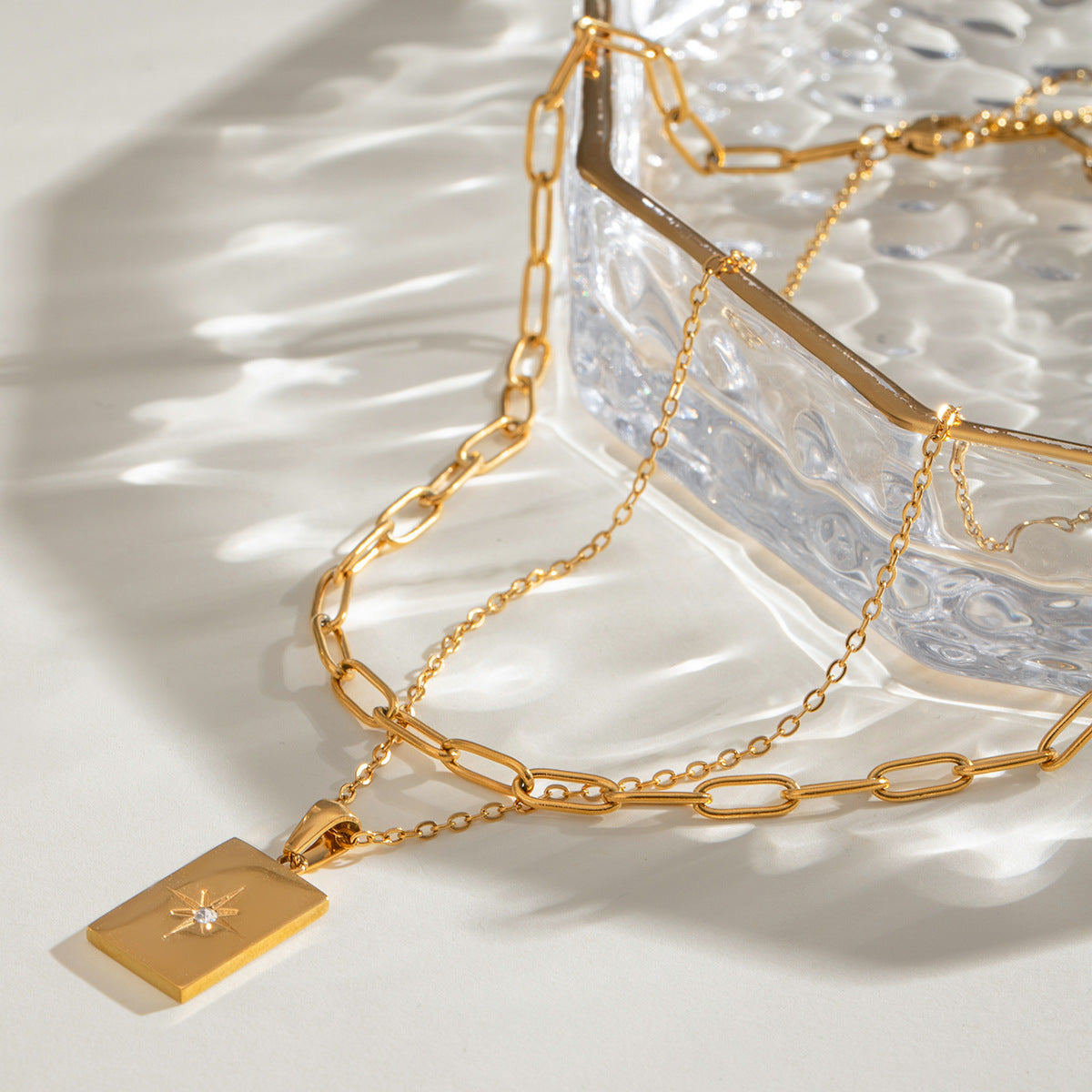 Stainless steel star square pendant double layered necklace