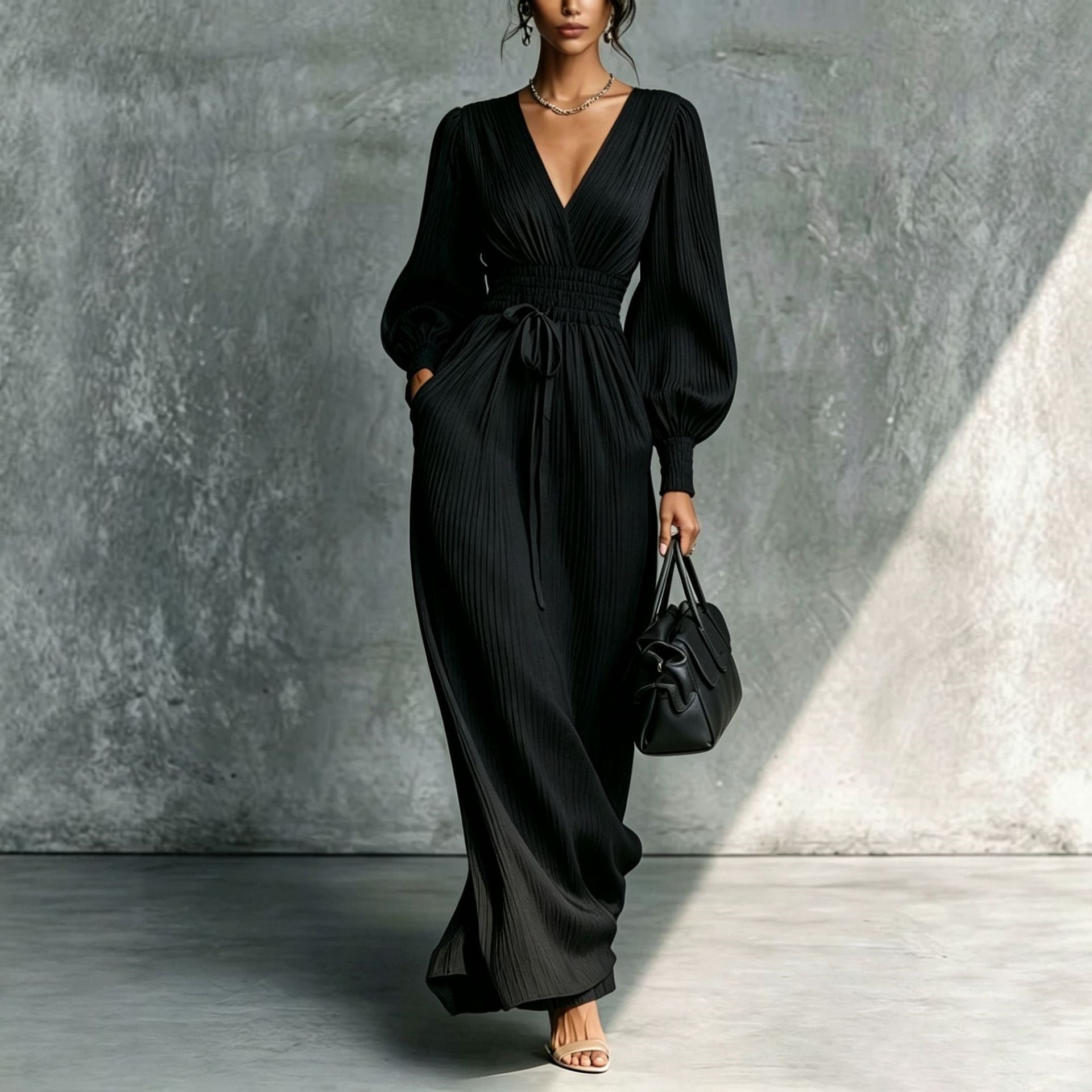 V-Neck Long-Sleeve Dress – Elastic-Waist Fit