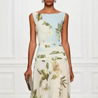 V-neck floral print women's dress sleeveless backless waist cinching long skirt