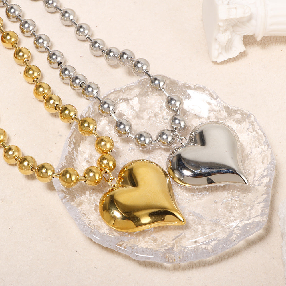exaggerated bead chain heart pendant necklace - Steel Color Necklace