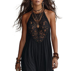 Style Black Lace Trim Sleeveless Long Dress Loose Vacation Style Maxi Dress Lace Dress