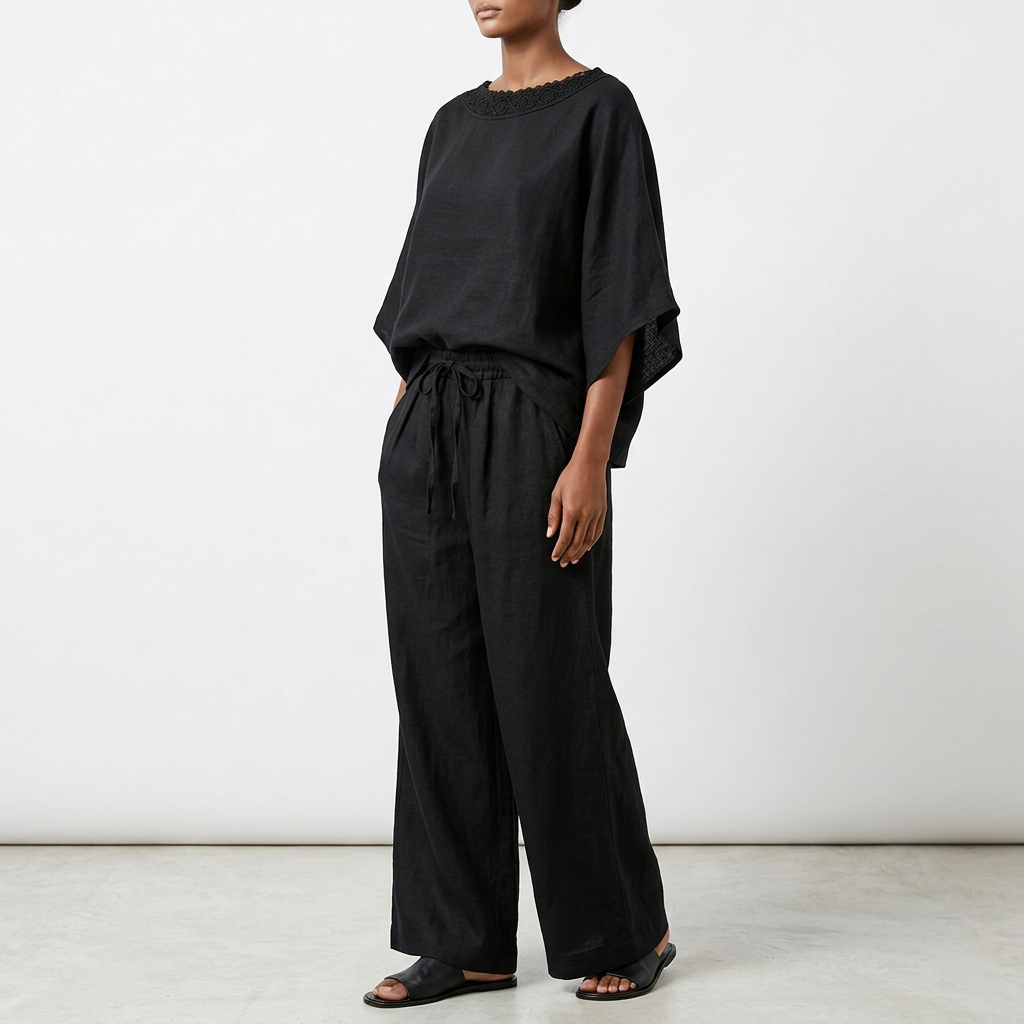 Lace-Detail Pants Set – Relaxed T-Shirt Top, black