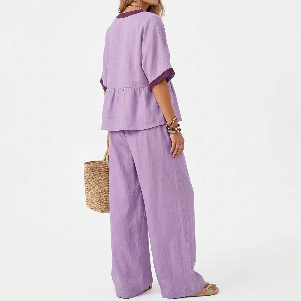 Wide-Leg Pants Set – V-Neck Top & Elastic Waist, purple