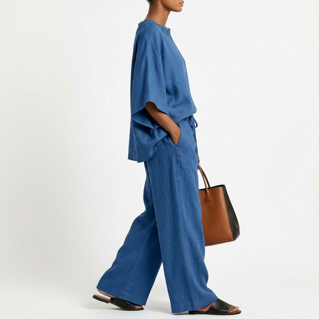 Lace-Detail Pants Set – Relaxed T-Shirt Top, blue